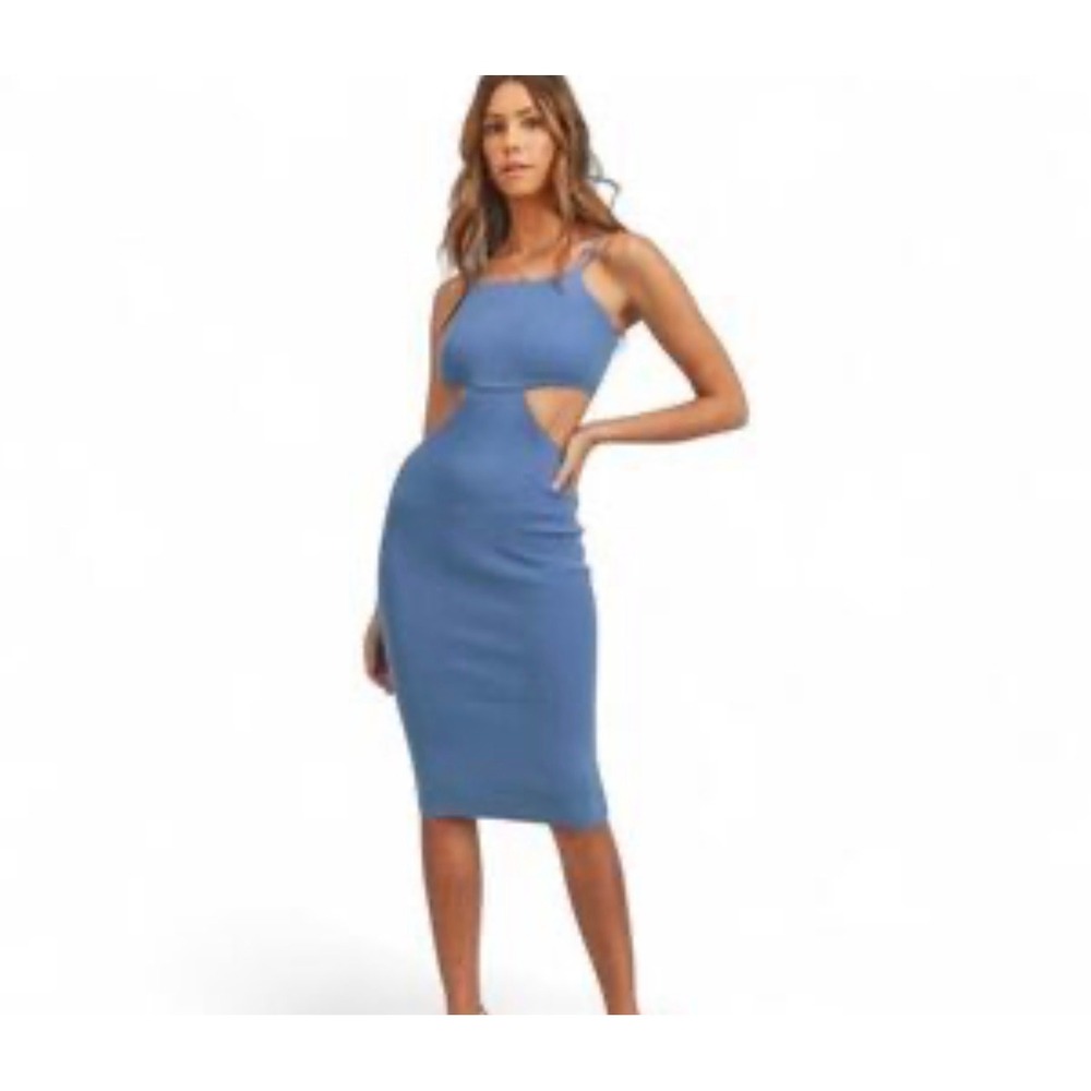 MABLE Blue‎ Ribbed Knit Cut-Out Bodycon Midi Dress Womens Large Square Neck